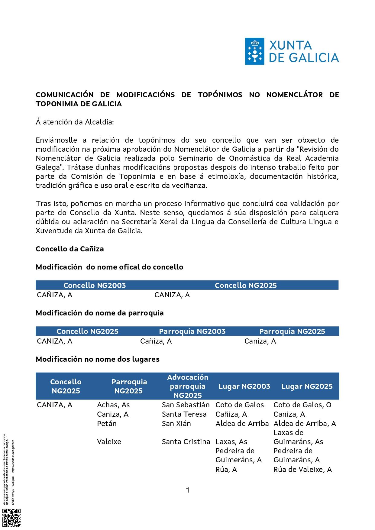 O Concello informa sobre o cambio da súa denominación oficial no Nomenclátor de Galicia