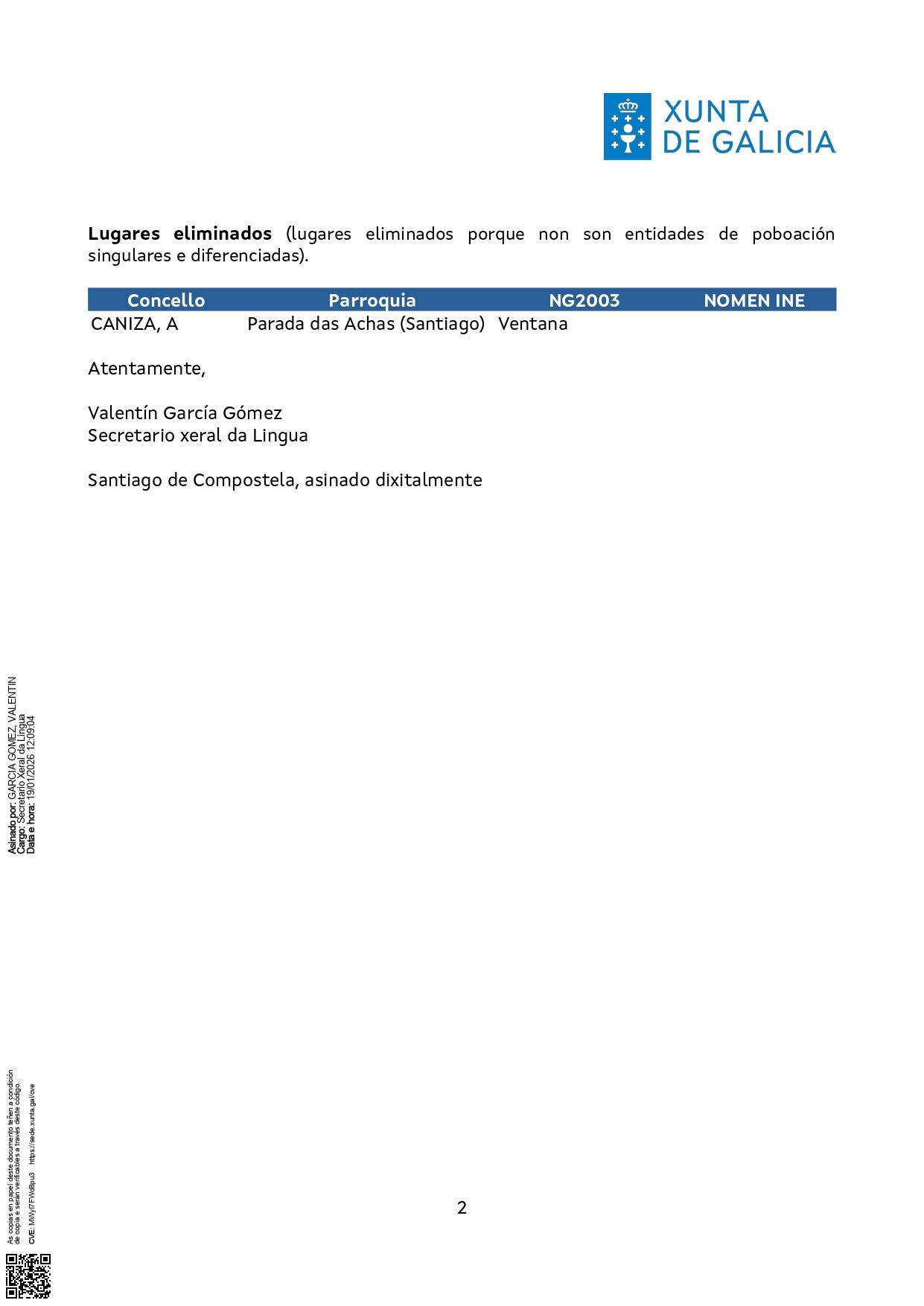 O Concello informa sobre o cambio da súa denominación oficial no Nomenclátor de Galicia