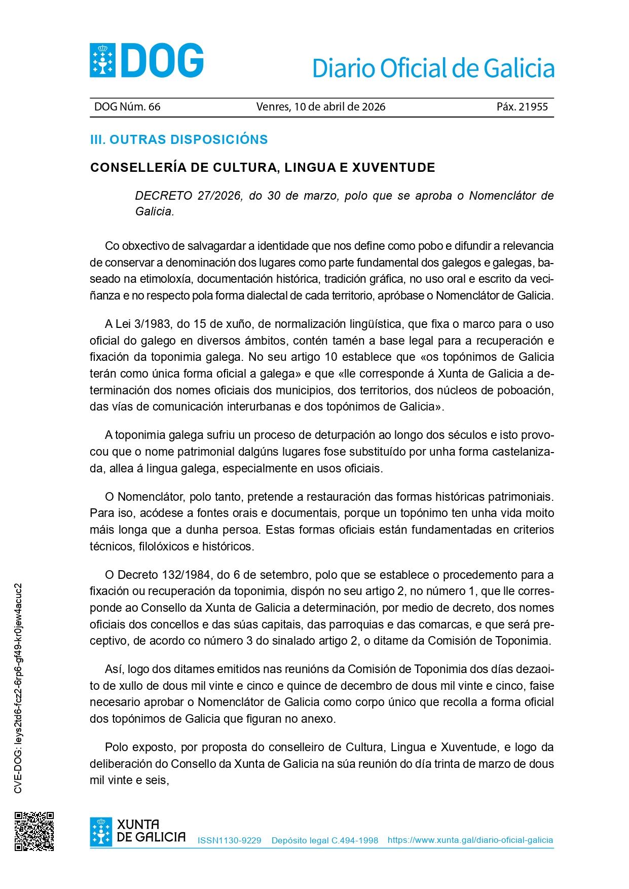 O Concello informa sobre o cambio da súa denominación oficial no Nomenclátor de Galicia
