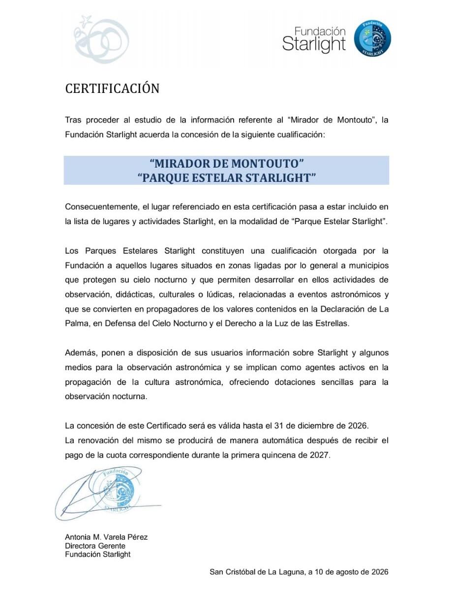 O Concello da Caniza consegue para o Mirador do Montouto a acreditación Starlight como Parque Estelar