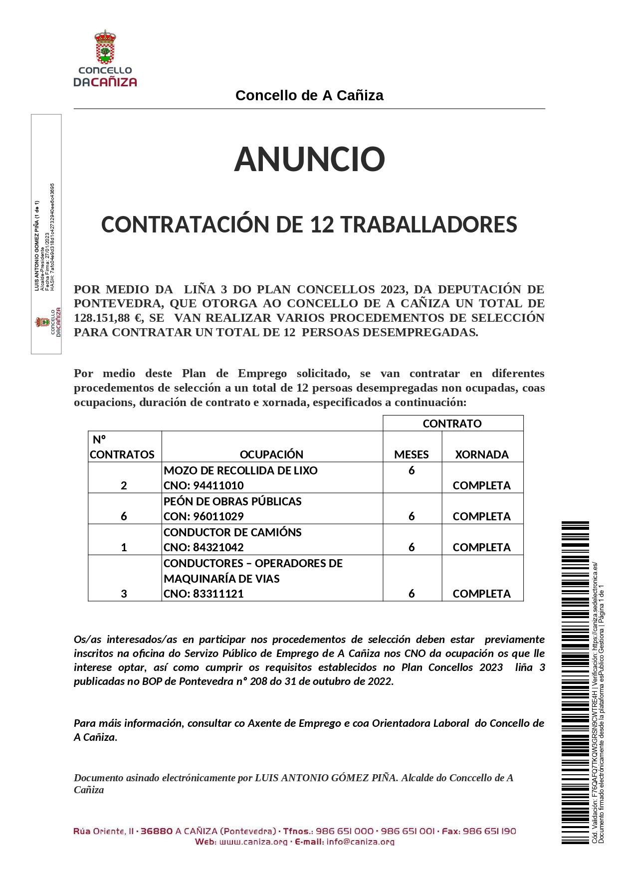 O Concello contratará durante este 2023 12 persoas desempregadas con cargo á Liña 3 do Plan Concellos 2023 da Deputación de Pontevedra