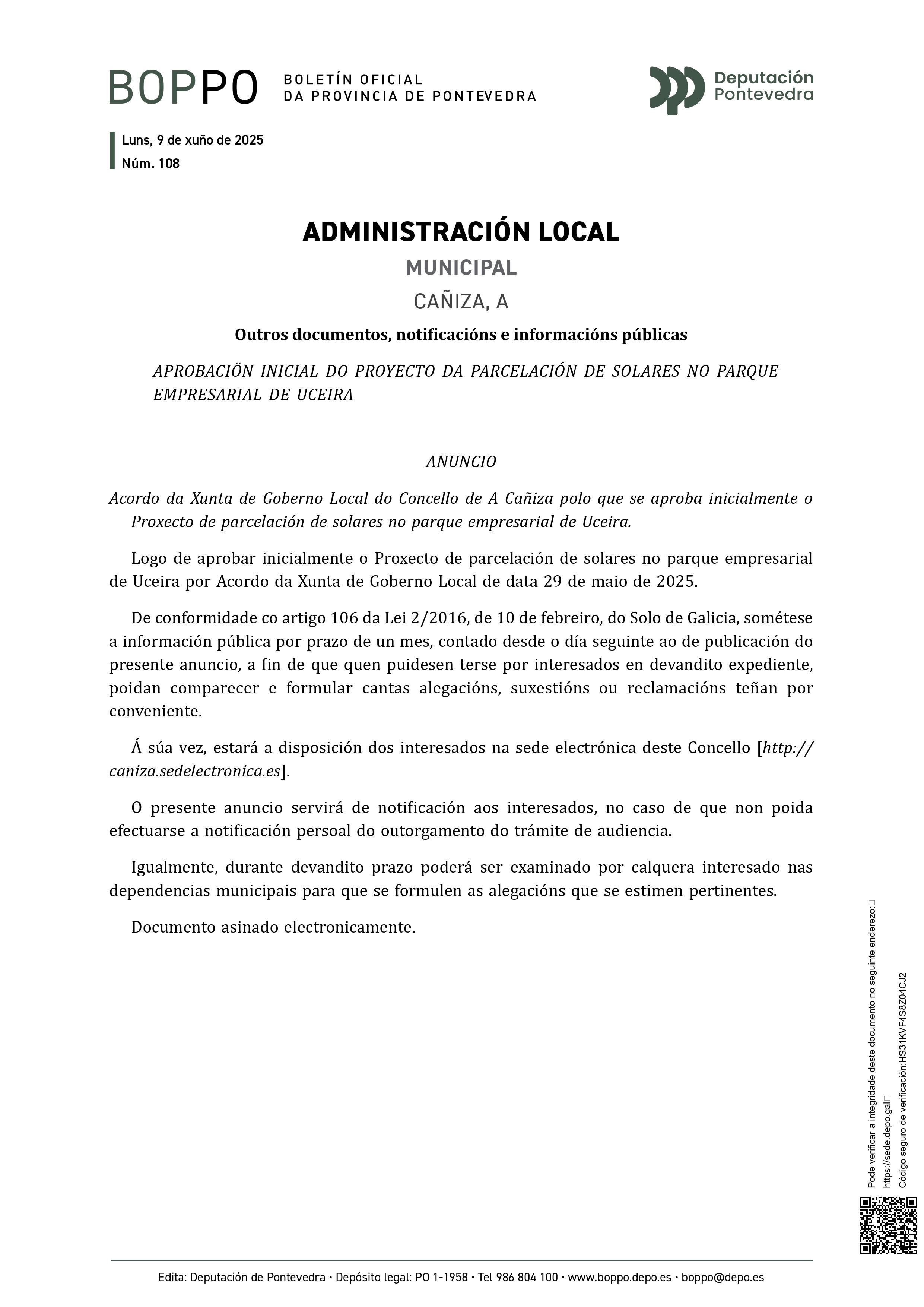 Acordo da Xunta de Goberno Local do Concello de A Cañiza polo que se aproba inicialmente o&nbsp;Proxecto de parcelación de solares no parque empresarial de Uceira.