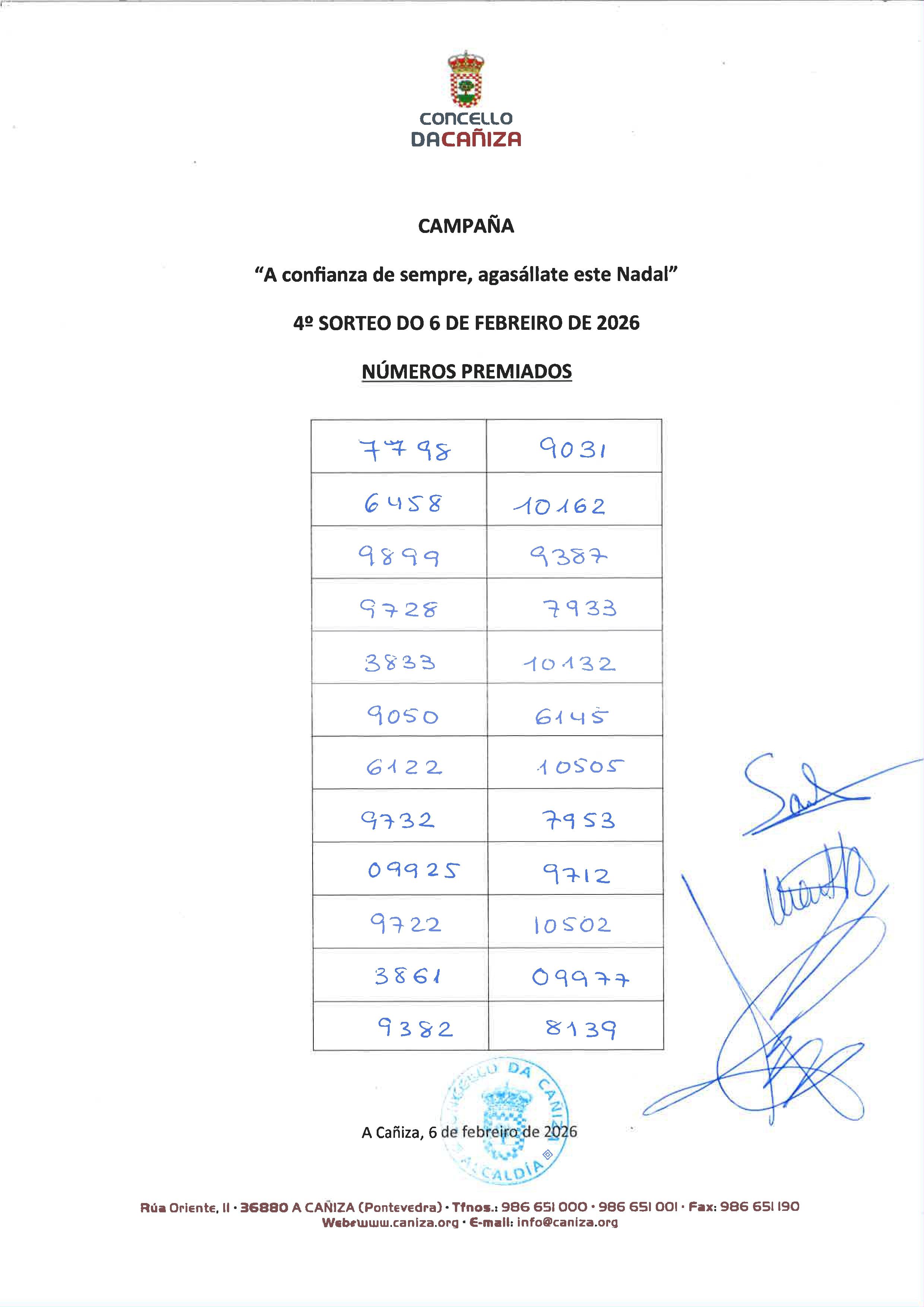 O Concello da Cañiza celebra o 4º e último sorteo da campaña «A Confianza de Sempre, Agasállate Este Nadal»