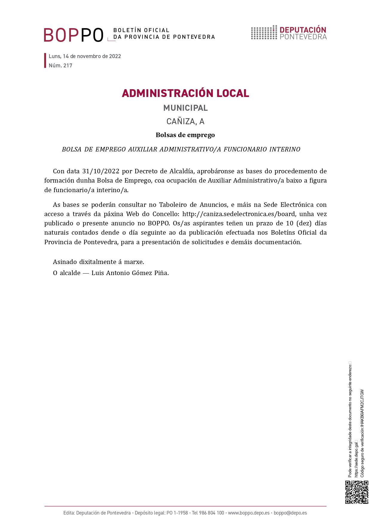 BOLSA DE EMPREGO AUXILIAR ADMINISTRATIVO/A FUNCIONARIO INTERINO