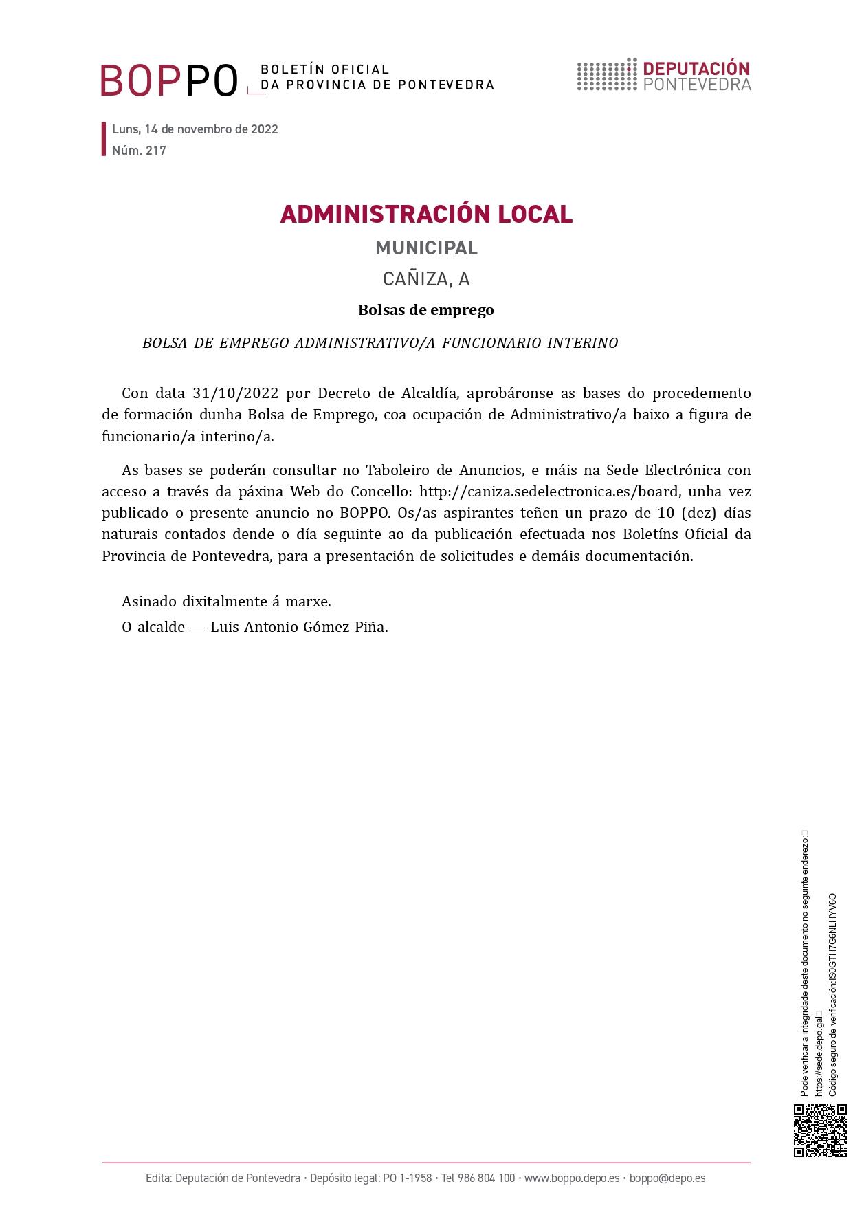 BOLSA DE EMPREGO ADMINISTRATIVO/A FUNCIONARIO INTERINO