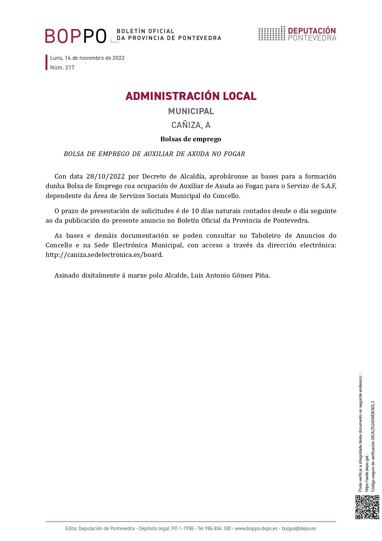 BOLSA DE EMPREGO DE AUXILIAR DE AXUDA NO FOGAR