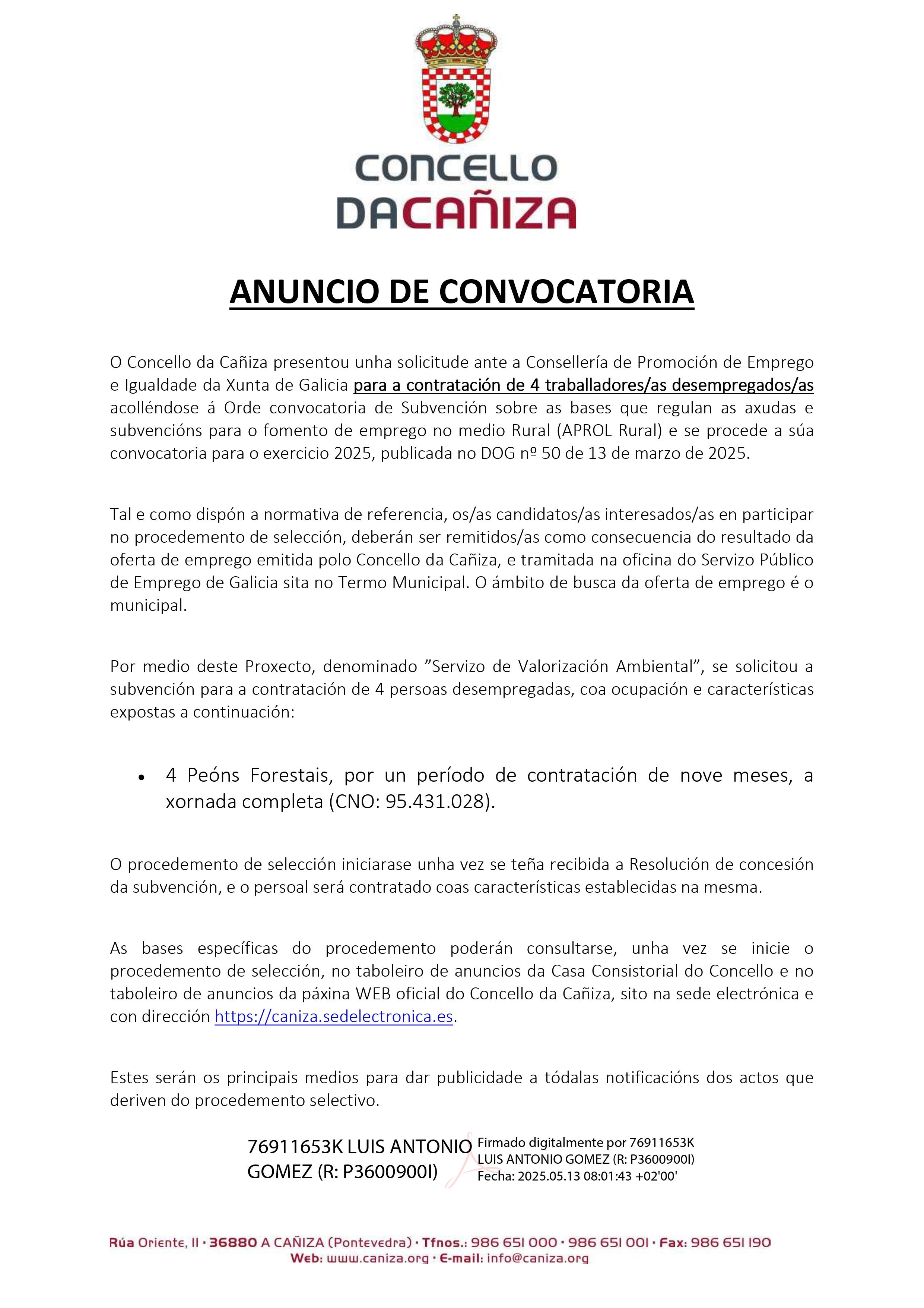 Anuncio de procedemento para participar no proceso de selección para a contratación de 4 traballadores desempregados ao abeiro das subvencións para o fomento do emprego no medio Rural (APROL Rural) 2025