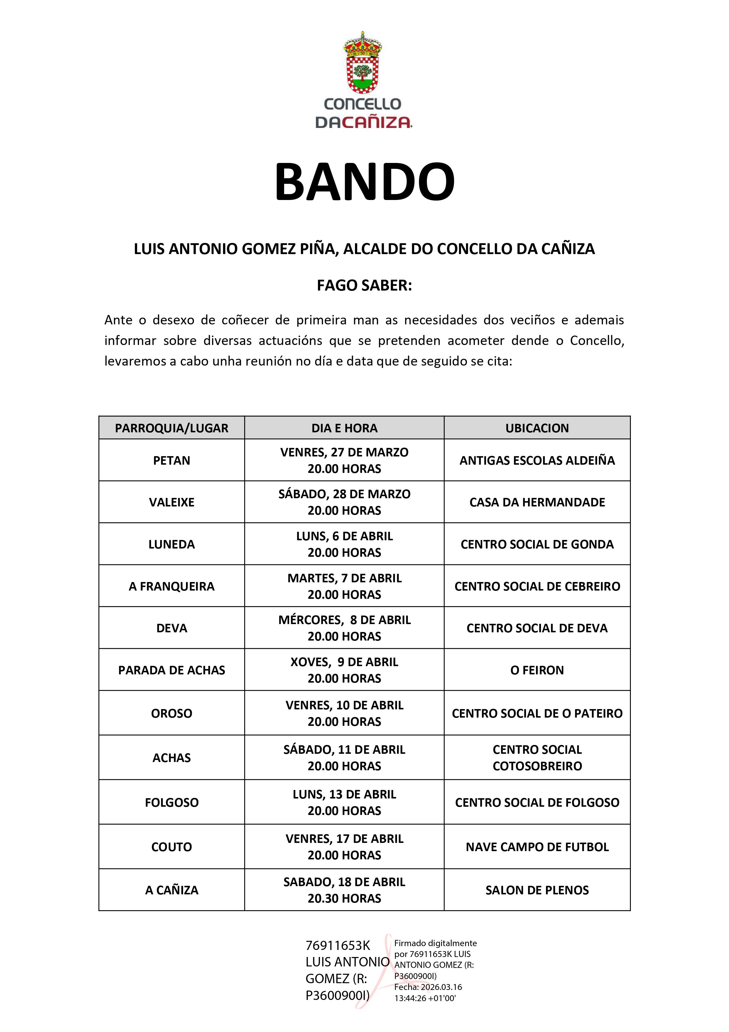 Bando reunións parroquiais para dar conta de actuacións municipais durante 2026