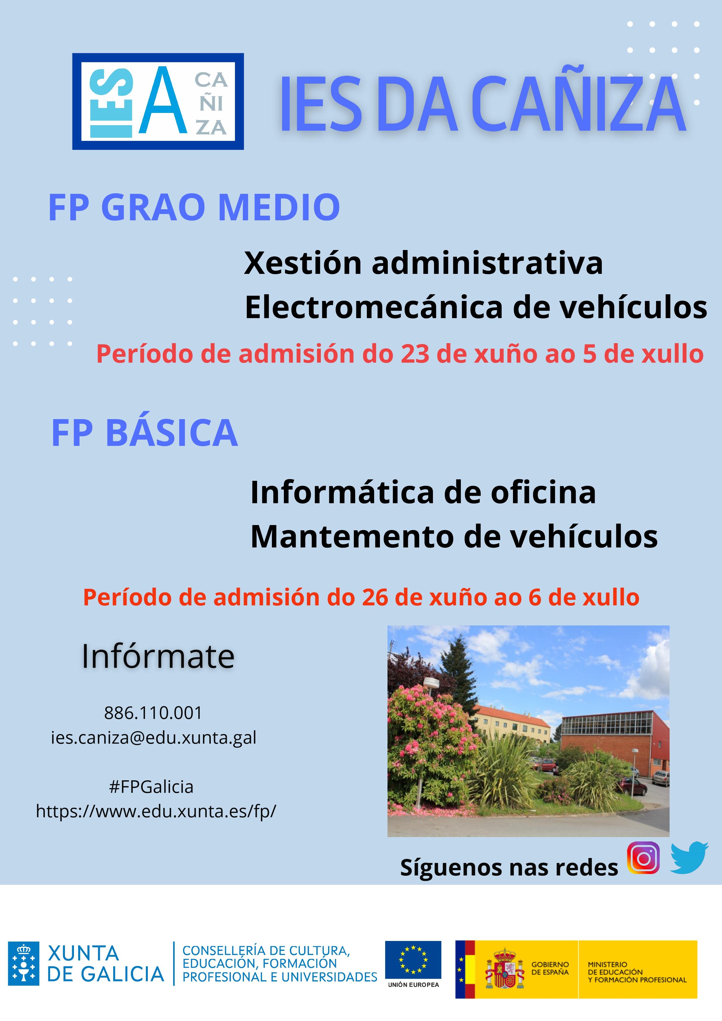 O IES da Cañiza informa dos ciclos de FP Grado Medio e FP Básica. Os prazos estarán abertos ata o 5 e 6 de xullo respectivamente