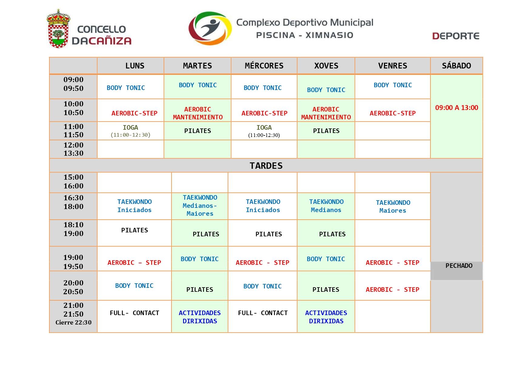 Horarios de actividades e cursos do ximnasio municipal para a anualidade 2022-2023