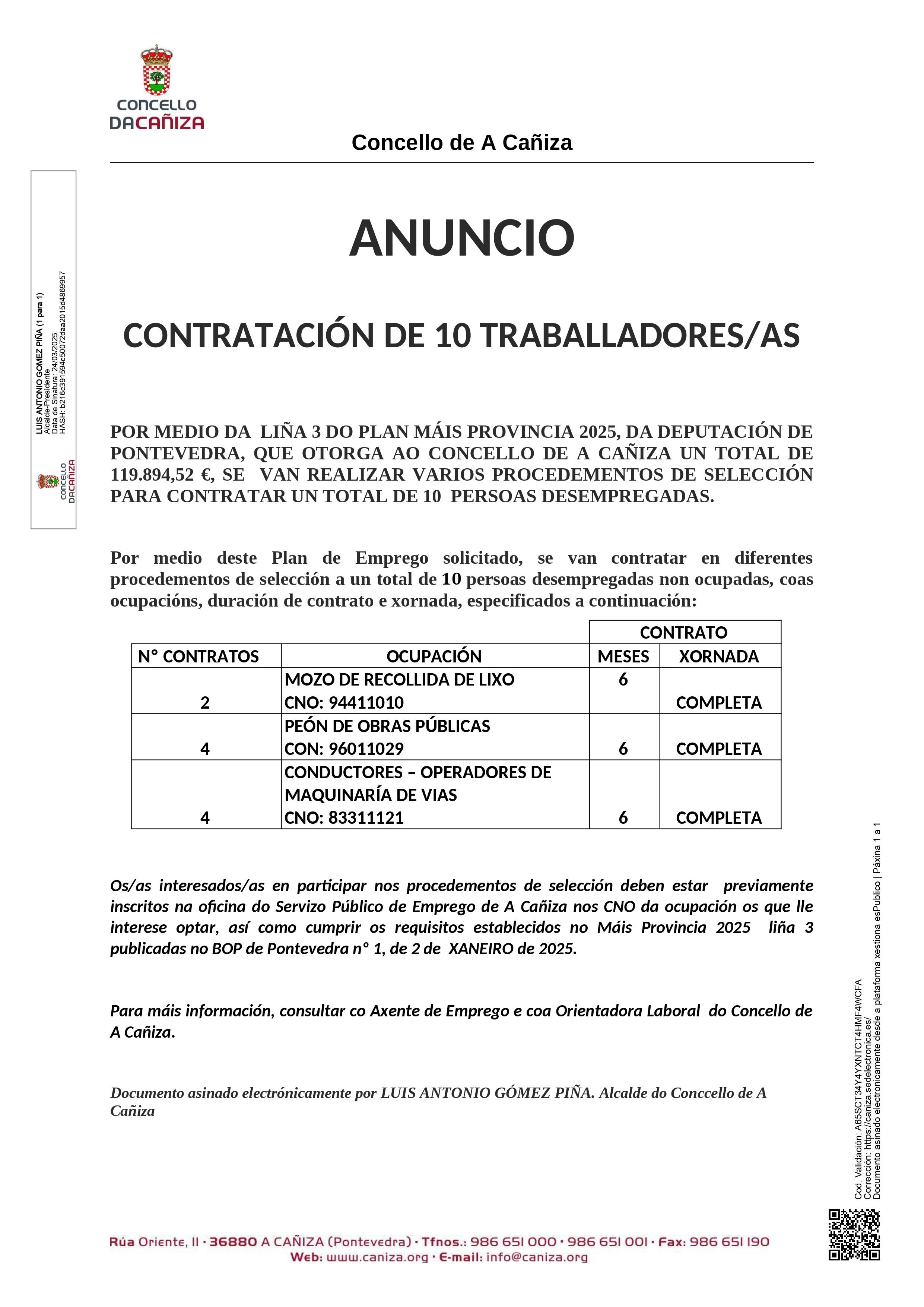 O Concello contratará neste ano a 10 traballadores, ao abeiro da liña 3 de axudas do plan «+ Provincia» da Deputación de Pontevedra