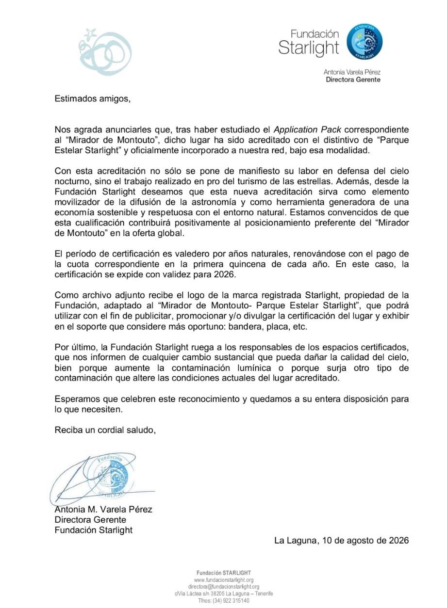 O Concello da Caniza consegue para o Mirador do Montouto a acreditación Starlight como Parque Estelar