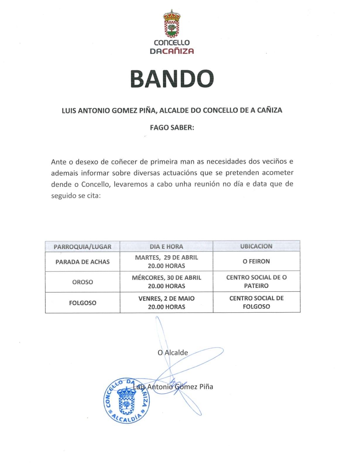 Bando sobre a 2ª quenda de visitas programadas ás parroquias do  29 e 30 de abril e 2 de maio