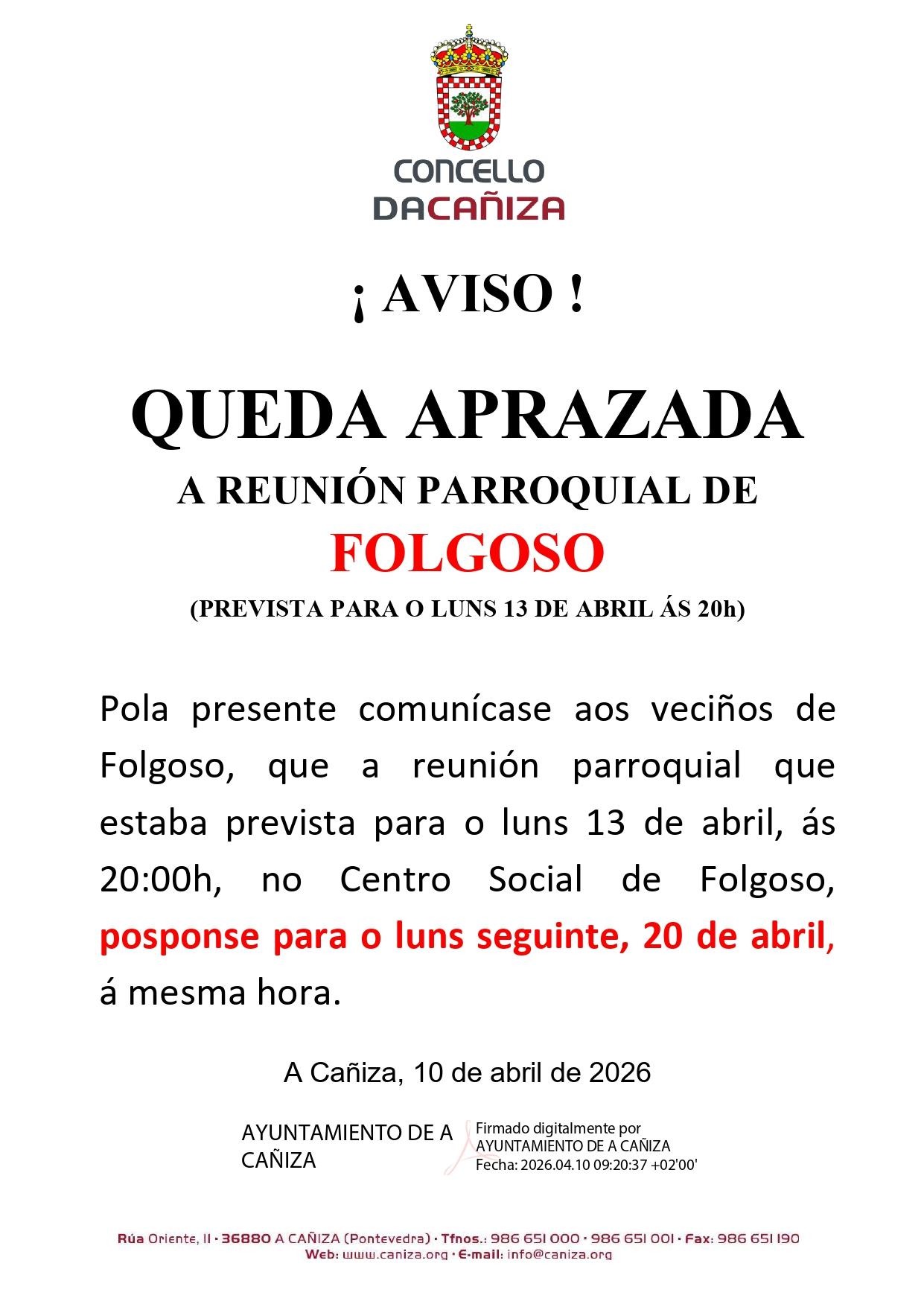 Aprazamento da reunión parroquial de Folgoso prevista para o luns 13 de abril.