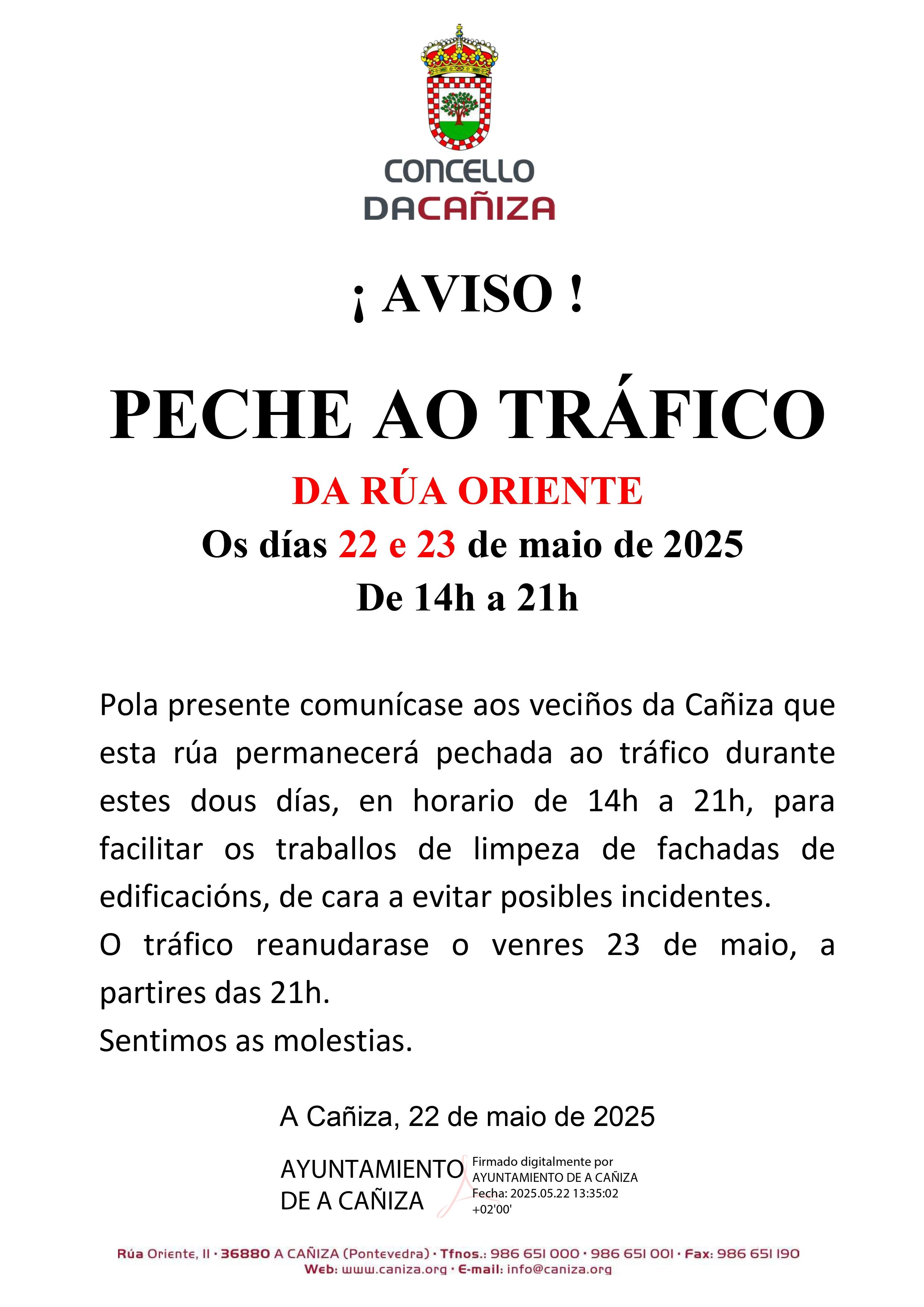 Peche ao tráfico da rúa Oriente, os días 22 e 23 de maio en horario de 14h a 21h