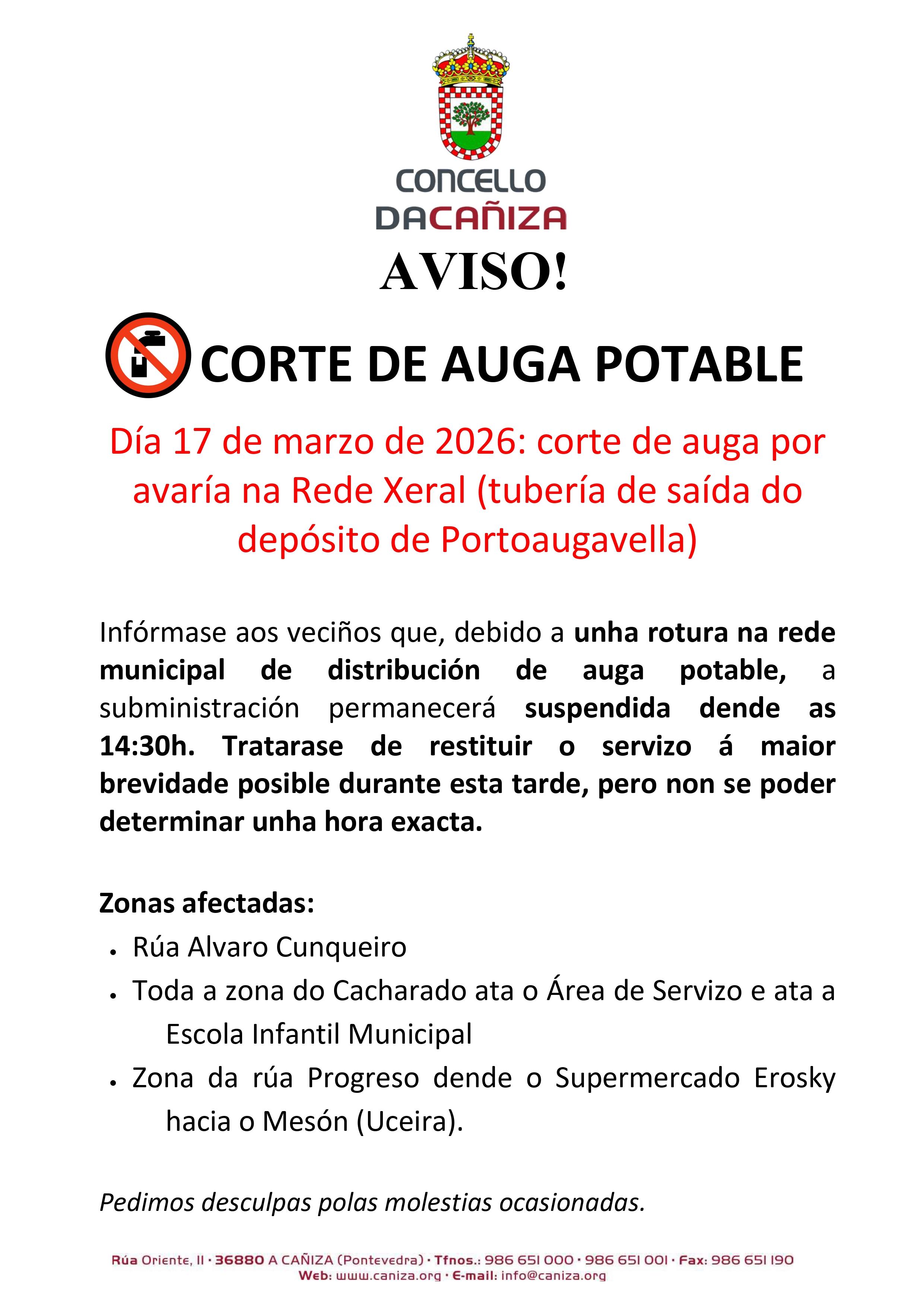 Aviso de corte e auga