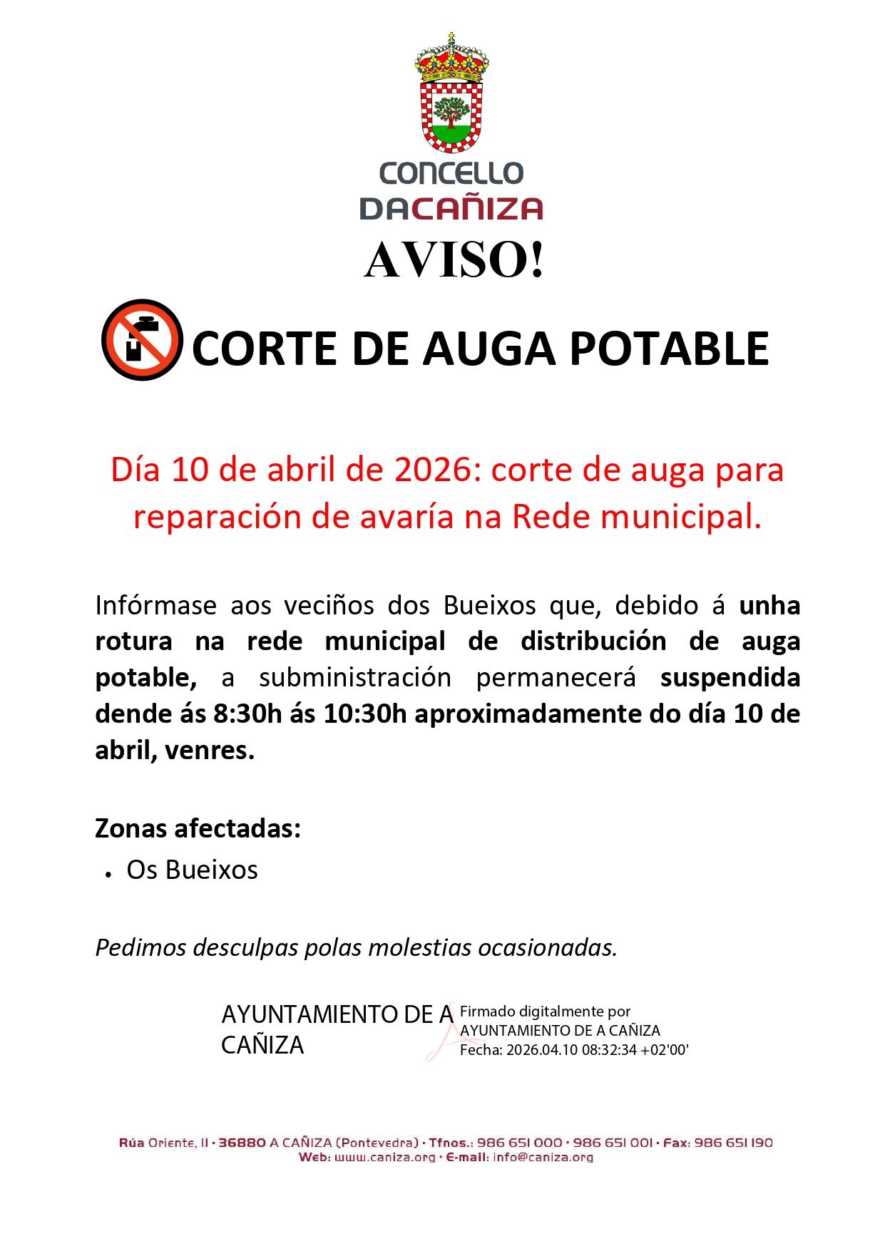 Aviso de corte de auga na zona dos Bueixos para o día 10 de abril de 2026 de 8:30h a 10:30h