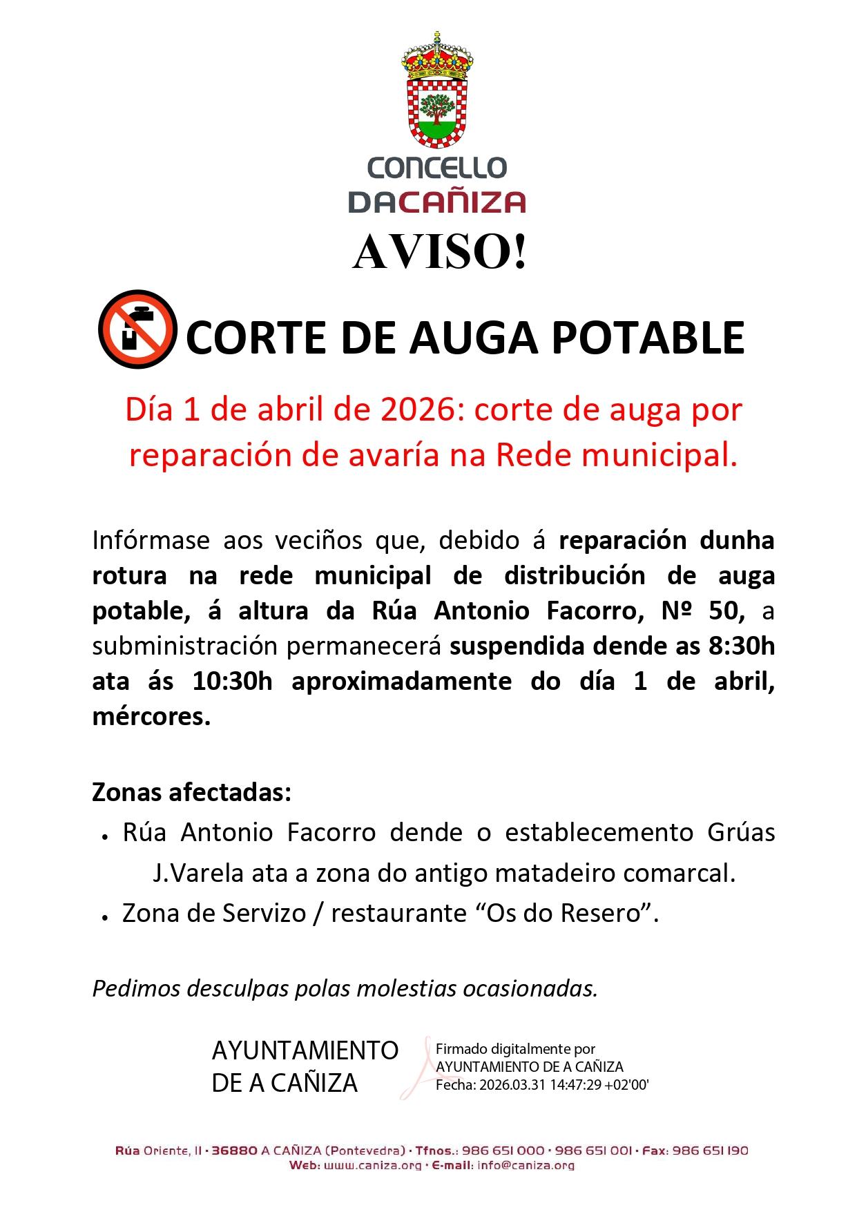 Corte de auga previsto para o 1 de abril de 2026
