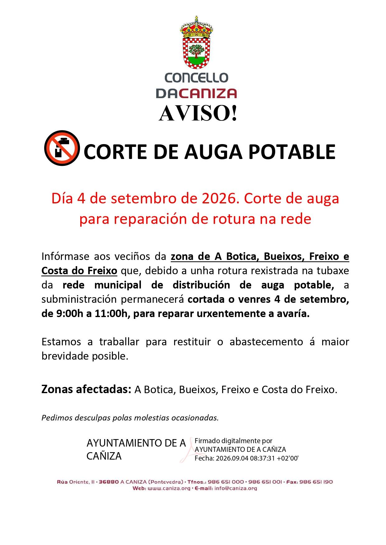 Aviso de corte de auga da Rede Municipal de Abastecemento de Auga para reparar unha avaría