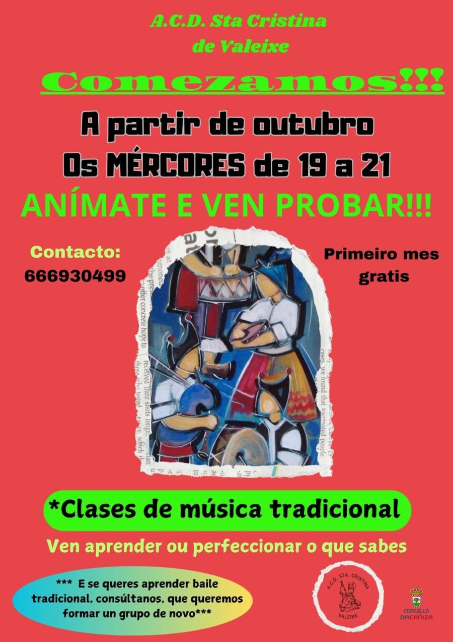 A Asociación Cultural e Deportiva Santa Cristina de Valeixe anuncia  o comezo dunha nova tempada de CLASES DE MÚSICA TRADICIONAL